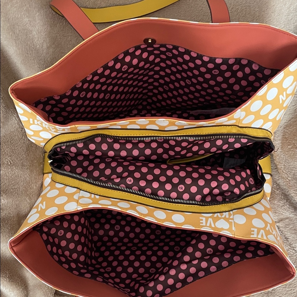 Nicole Lee Yellow Polka Dot Tote with pink polka dots and brown Interior - Picture 2 of 3